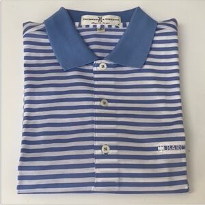 Fairway & Greene Blue White Striped Cotton Knit Golf Shirt Barclays Logo S